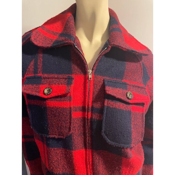 Plaid Wool Jacket, Size S, Red and Navy Short Jacket, Winter Coat - Picture 6 of 10